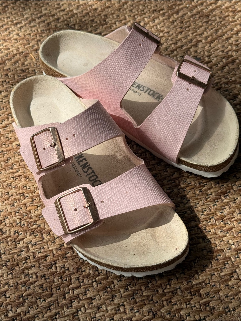 Birkenstock Pink Two-Strap Sandal with Gold Buckles
